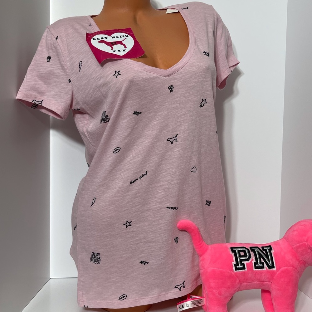Victoria’s Secret PINK XS S M L 100% Cotton Logo T-shirt V-neck Girl Power Lips
